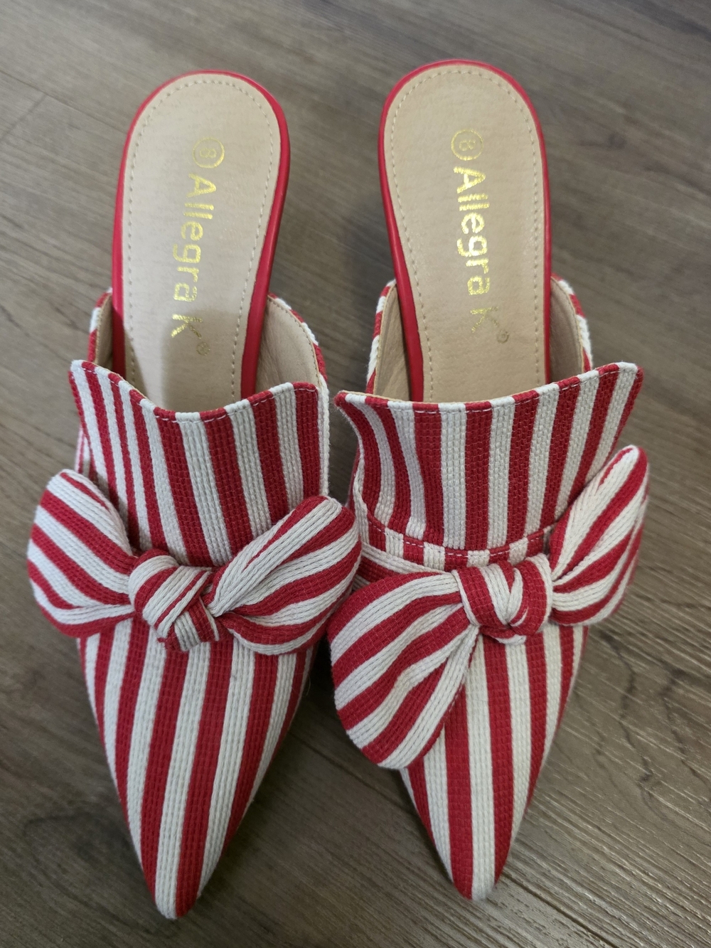 NEW Sz 8 Allegra K Red & White Striped Pointed Bow Mules